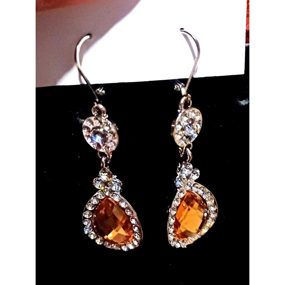 Silver-Toned Chandelier Amber & Clear Crystal Dangle Earrings